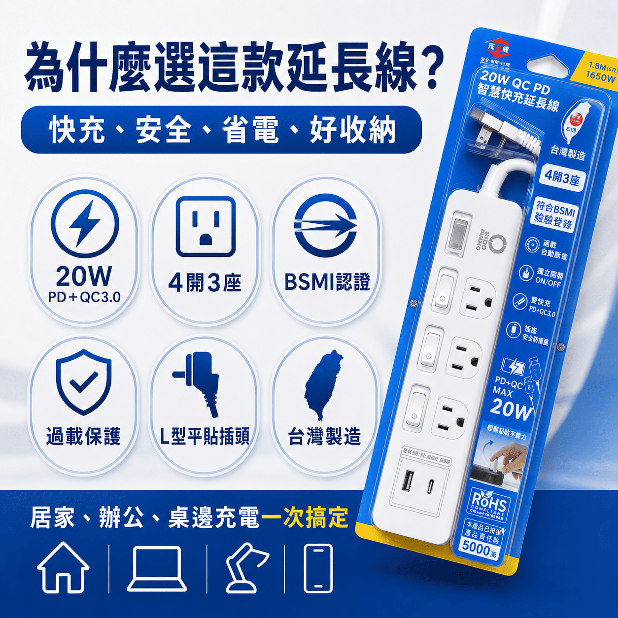 20W PD+QC3.0 智慧快充延長線 (3座4開) - 1.8M 台灣製造
