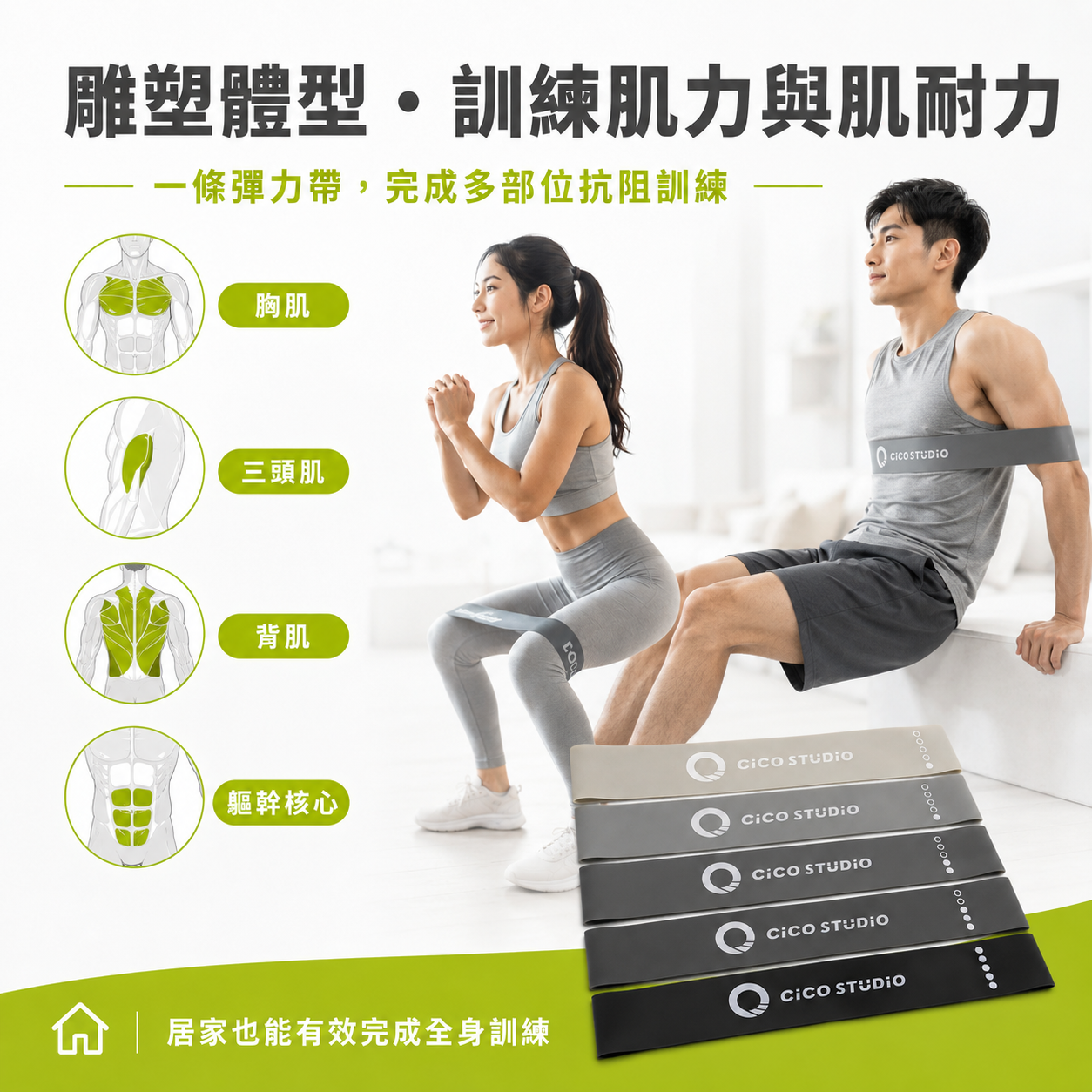 【凝聚 Cico Studio】5入全套組 短版乳膠阻力帶（贈專用網眼收納袋） | 居家健身・漸進式阻力訓練