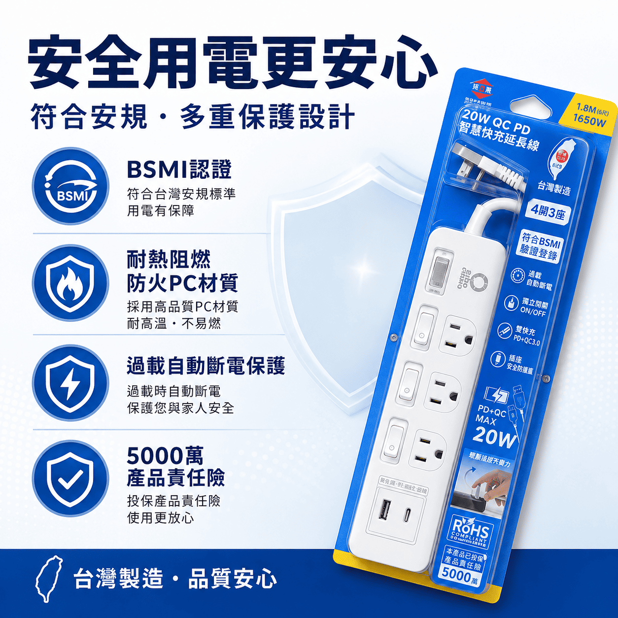 20W PD+QC3.0 智慧快充延長線 (3座4開) - 1.8M 台灣製造
