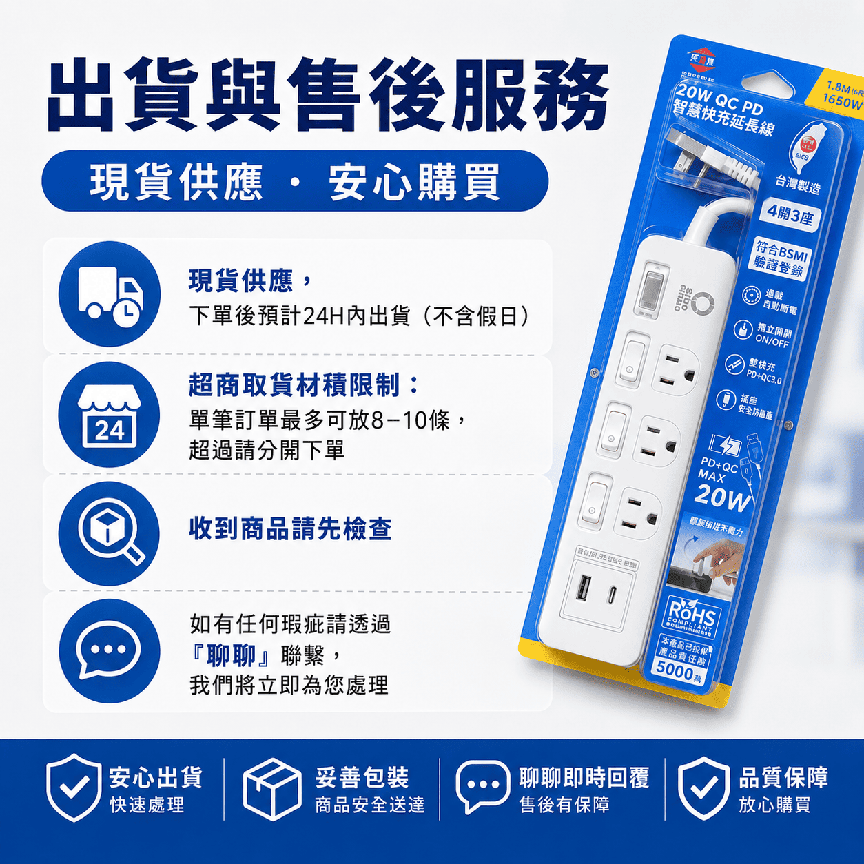 20W PD+QC3.0 智慧快充延長線 (3座4開) - 1.8M 台灣製造